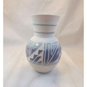 R. Gonza Mexico Southwest Pottery Small  Art Vase Pale Blue Signed 4"